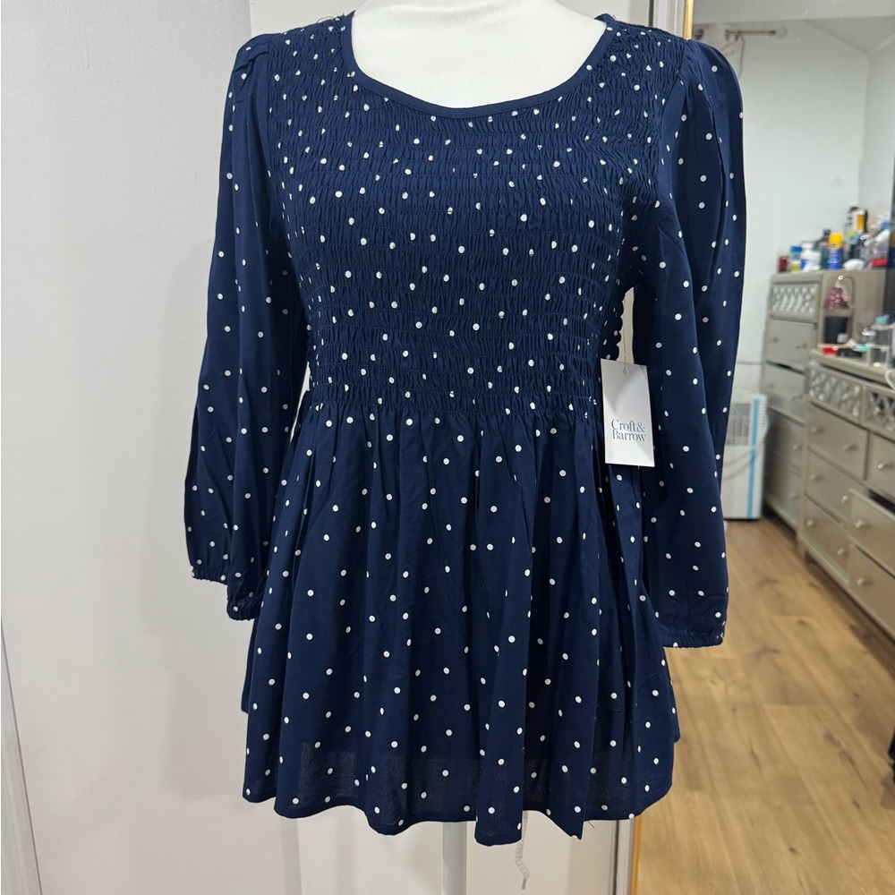 croft & barrow Navy Polka Dot Smocked Long-Sleeve Dress